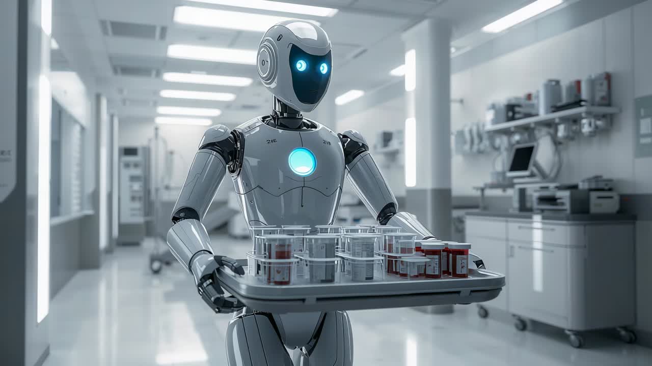Odbieranie zamówienia, robot niosący tacę z fiolkami i czerwonymi słoikami porusza się po korytarzu kliniki