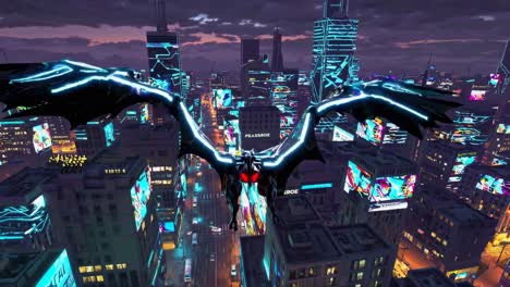 cyberpunk dragon flying over a futuristic city at night