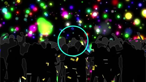 animación de puntos de luz y confeti sobre personas bailando
