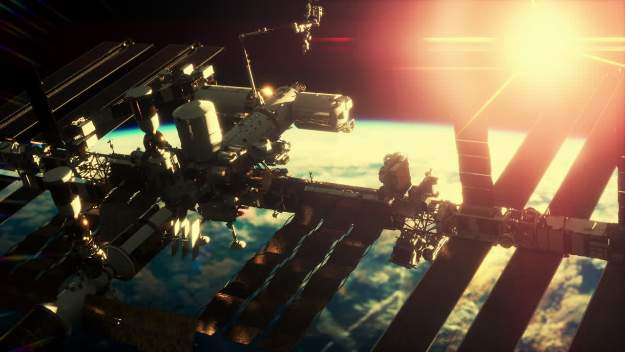 Prossimo piano della ISS che vola sopra l'atmosfera del globo terrestre