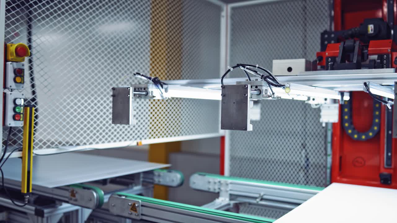 Industrial robot working in factory,Conveyor Tracking Controler of robotic hand. Green energy concept. Special equipment closeup.