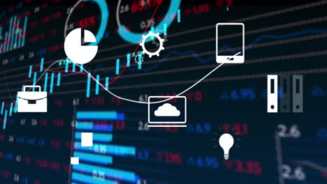 animation of digital icons over statistical and stock market data processing against blue background