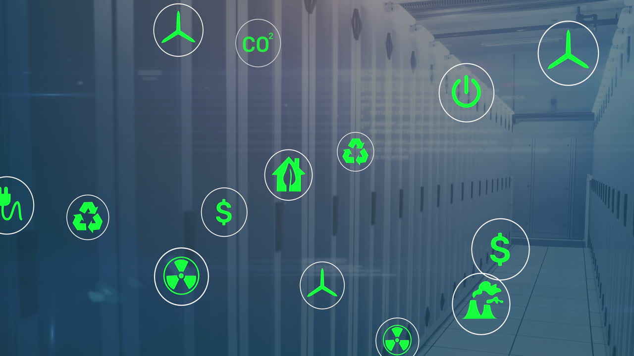 Animazione di icone ecologiche ed elaborazione dati su server informatici.