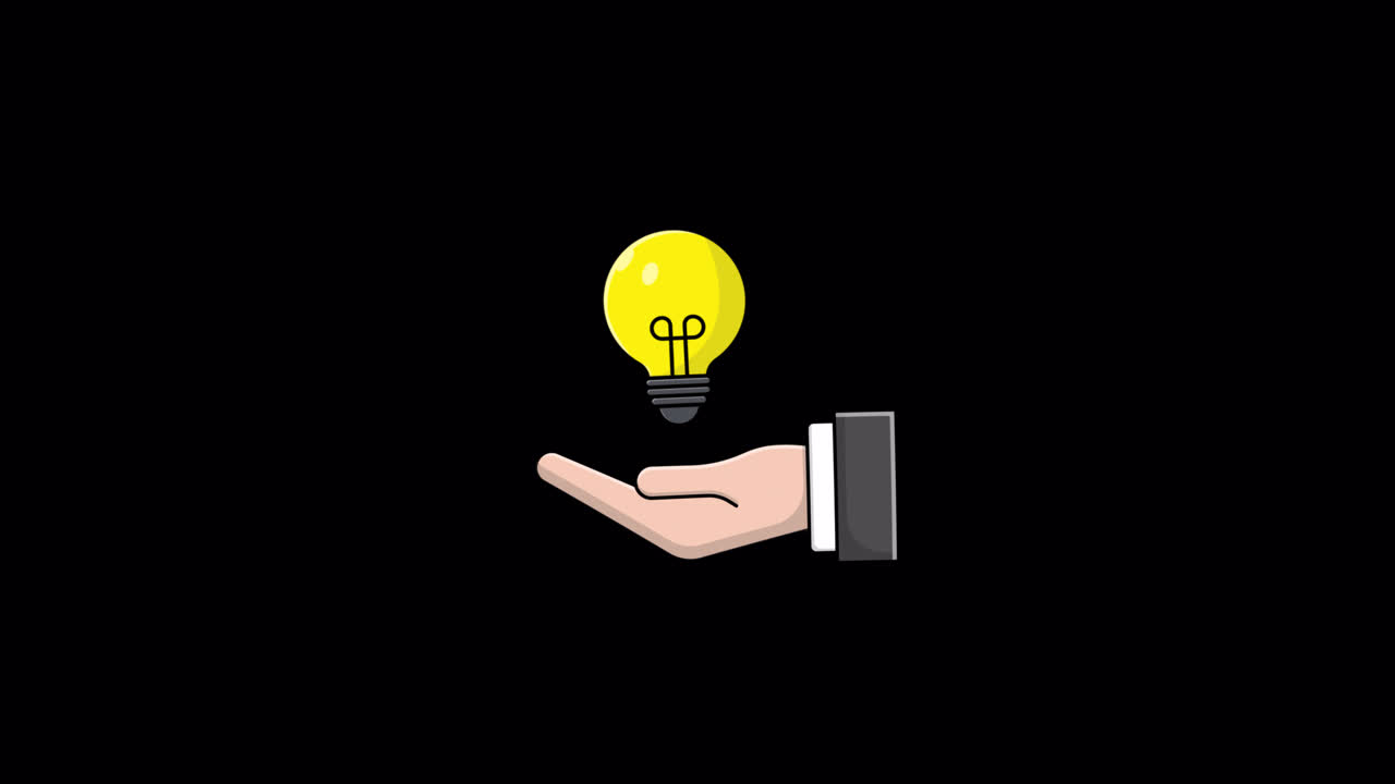 Mano animata che tiene in mano una lampadina luminosa su sfondo nero