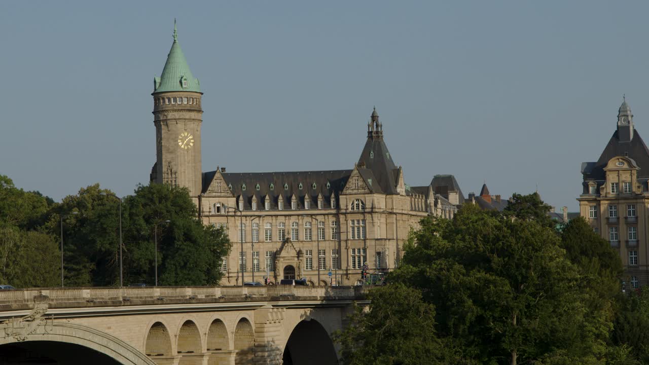 Wide shot pans across ornate building, stone bridge, and trees under clear daylight sky
