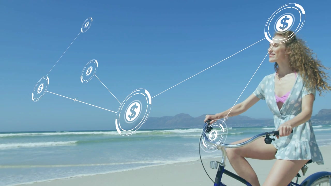Woman pedaling blue bike on shoreline, dollar nodes appearing from left crossing, showing finance