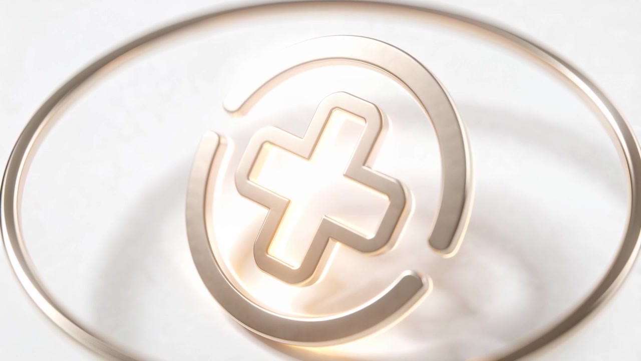 Rotating hollow-cross emblem tilting on white base, warm glow intensifying and showing rim caustics