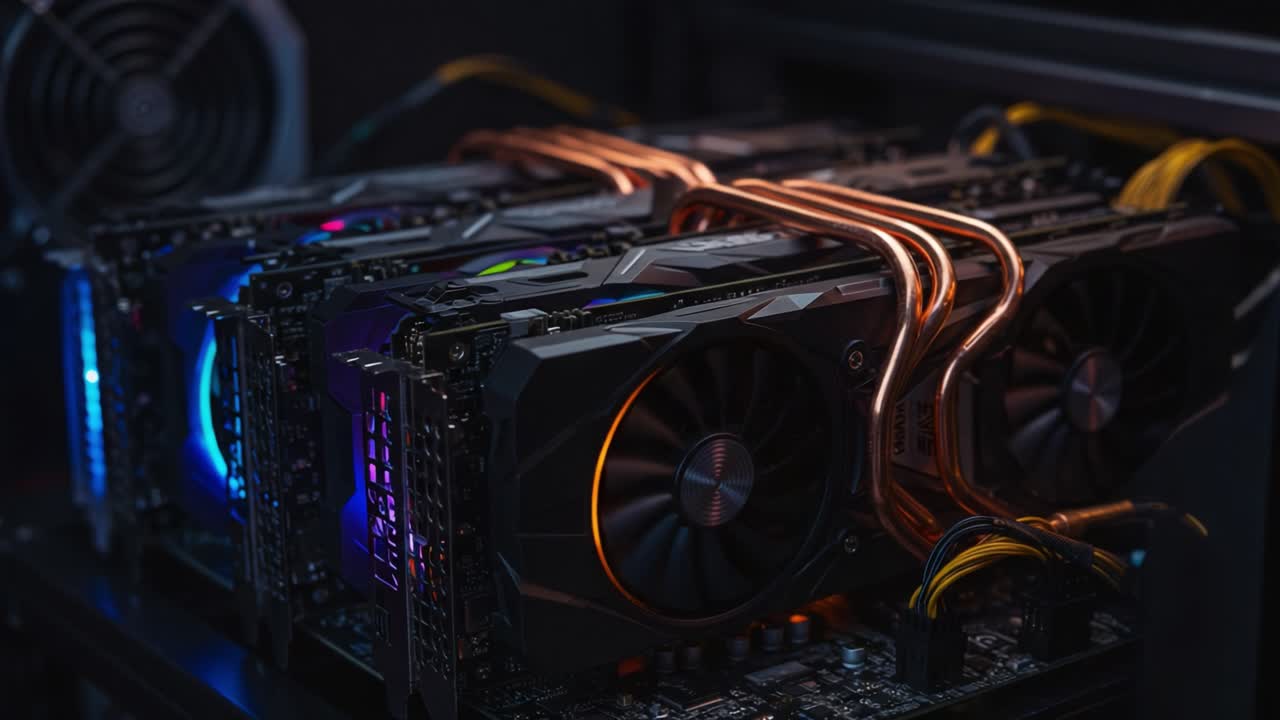 An Intricate Setup of High-Performance Graphics Cards Connecting with Copper Tubing Inside a Sophisticated Computer Hardware Arrangement