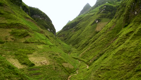 Aerial-dolly-forward-of-a-gorgeous-deep-lush-green-valley-in-the-mountains-of-northern-Vietnam