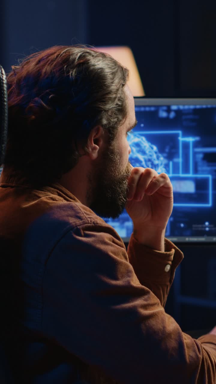 Bearded Man Working on Computer with Brain Model on Screen