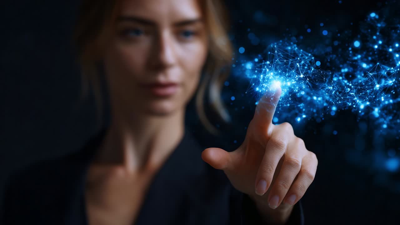 A modern woman interacts with a mesmerizing digital interface, showcasing advanced technology that illuminates her finger, surrounded by a captivating glow of interconnected data particles in a dark environment