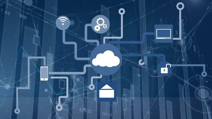 Animation of financial data processing over network of connections with cloud and icons