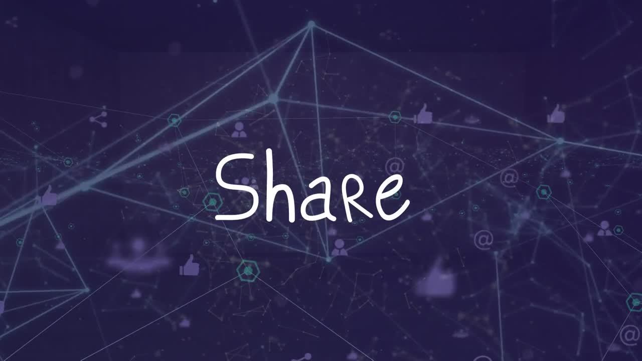Animation of share text over network of connections on black background