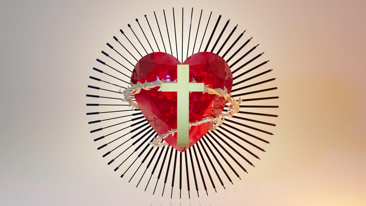 Heart with a christian golden cross in the middle. 3d animation