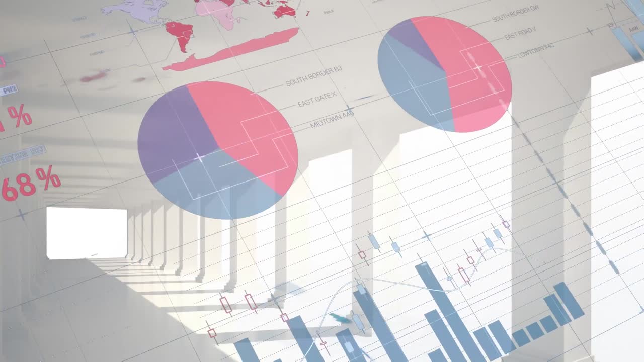 Animation of statistical data processing over grid network against empty office corridor