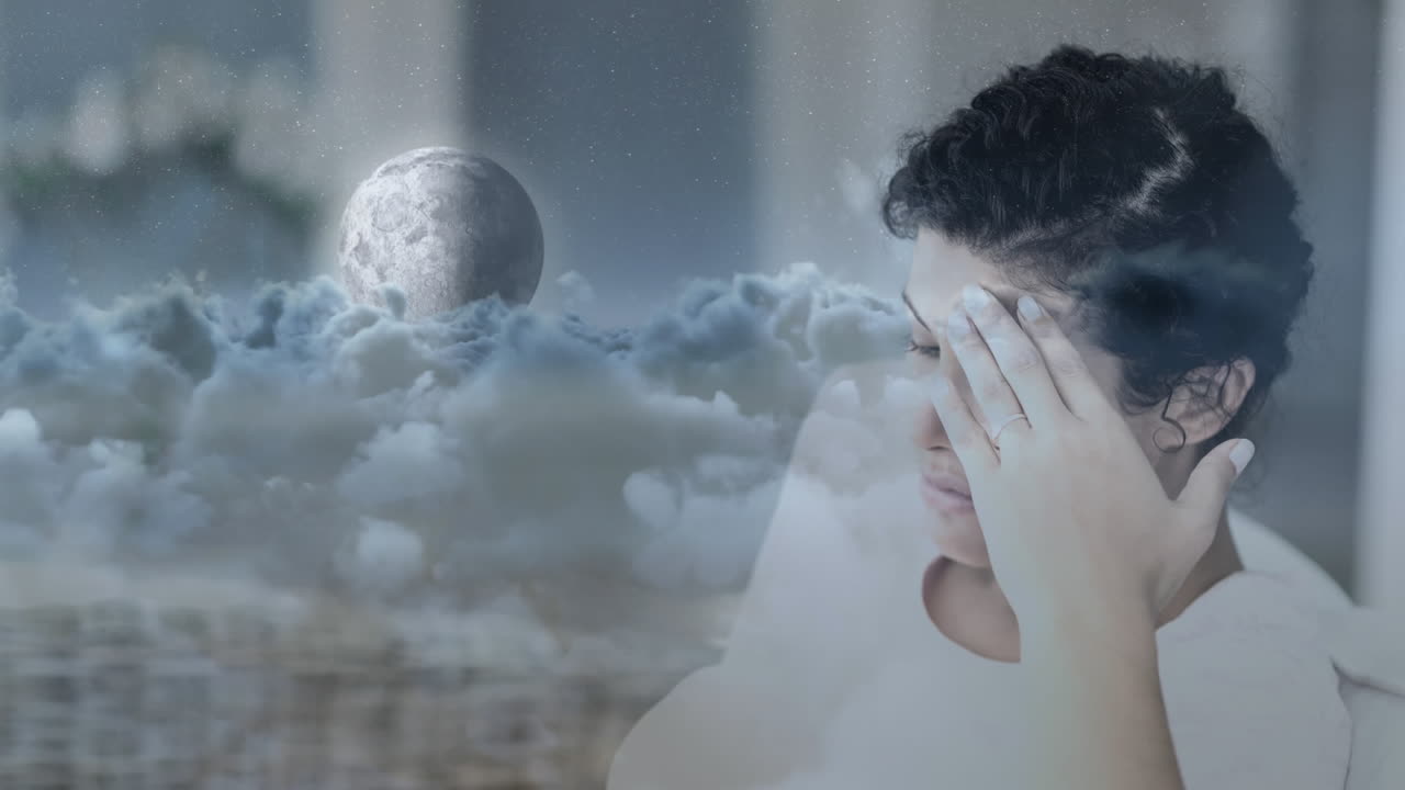 머리에 손을  ⁇ 고 걱정하는 여성의 디지털 애니메이션 4k