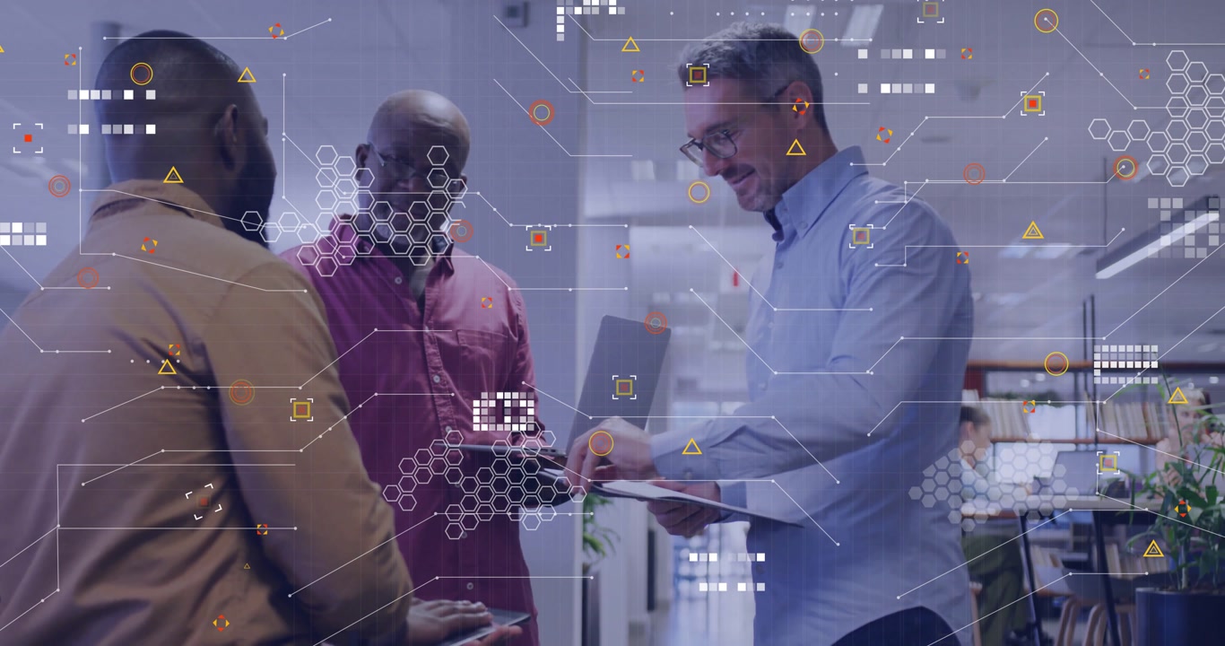 Three-member team sharing phone screen tilting laptop activating connection overlay in tech meeting