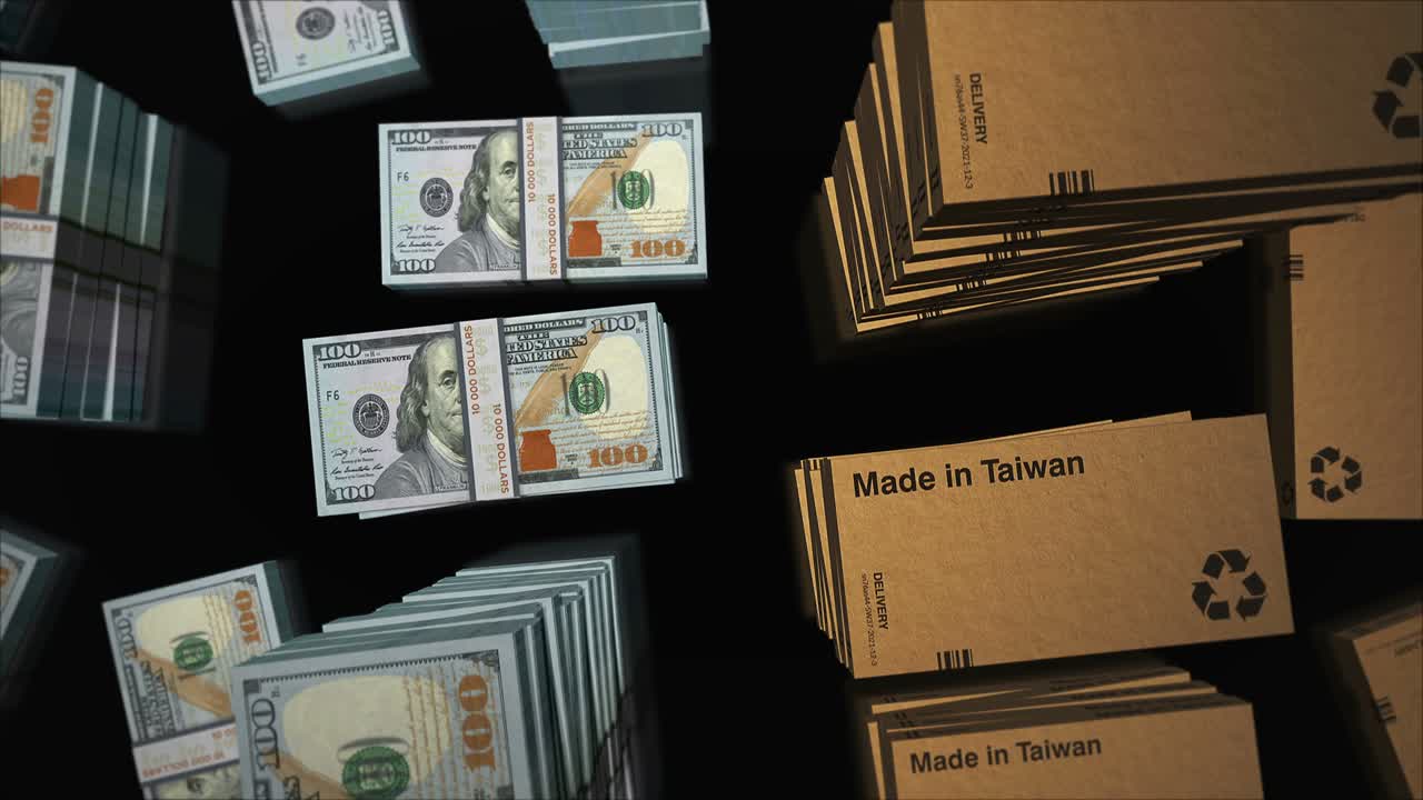 타이완에서 만들어진 상자 및 미국 달러 돈  루프 3d 애니메이션