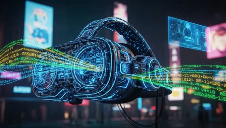 a futuristic display of virtual reality headset technology emitting digital data streams in an engaging urban environment full of neon advertisement lights
