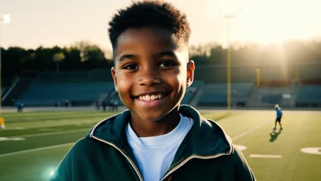 young boy smiling on a football field