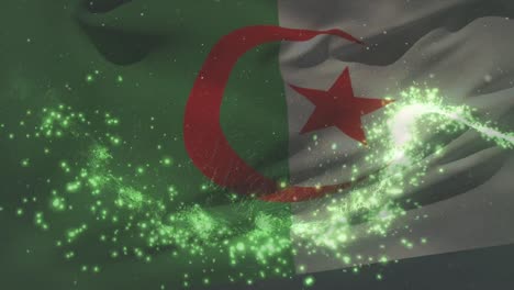 Animation-Der-Flagge-Algeriens,-Die-über-Einem-Feuerwerk-Weht