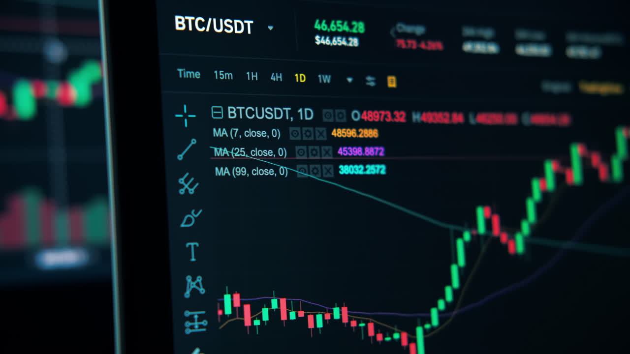 Close view of a screen with Stocks on it. Full Bitcoin info, prices, graphs, history, dynamic changing