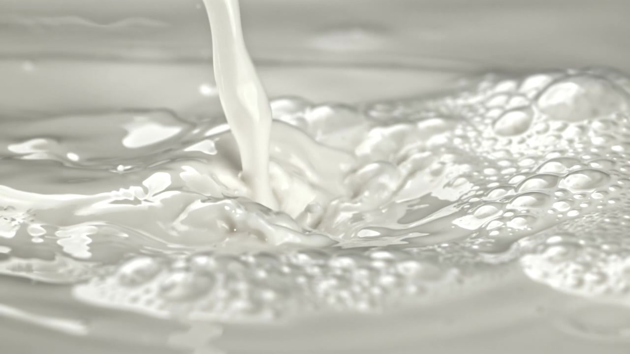 Slow Motion Pouring of Fresh White Milk Creating Splashes and Bubbles