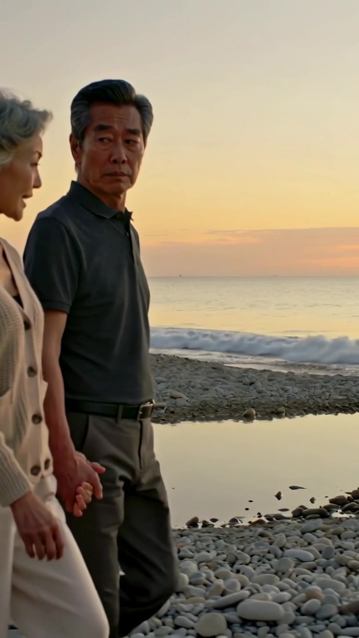 วิดีโอแนวตั้ง: คู่รักเดินเข้าจากด้านซ้าย เดินเล่นริมหาดหินยามพระอาทิตย์ตกดิน จับมือกัน ชายสวมเสื้อโปโล