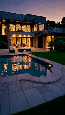 modern luxury house with illuminated pool and patio at dusk