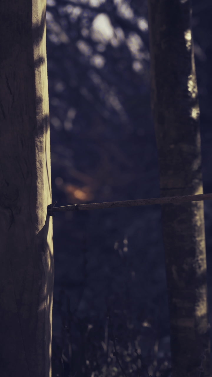 Rustic wooden fence adorned with shadows in a serene forest setting