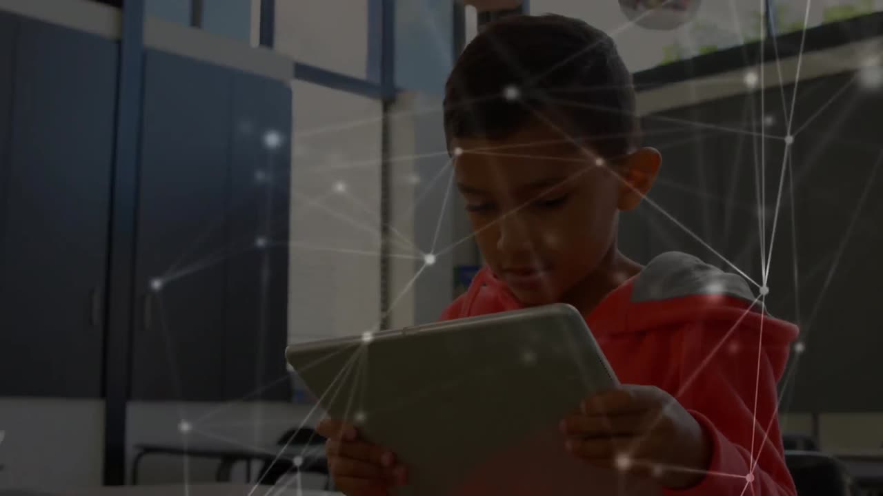 Animation of network of connections with data processing over schoolboy using tablet