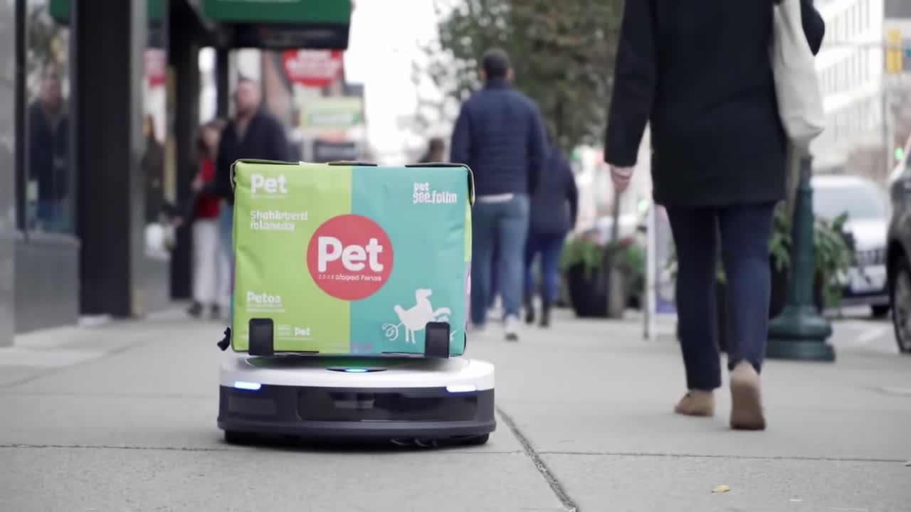 An Innovative Delivery Robot Navigating a Busy Sidewalk While Transporting Pet Supplies, Showcasing the Future of Automated Logistics in Urban Environments