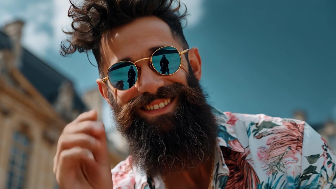 Uomo barbuto e alla moda che si sistema gli occhiali da sole e sorride all'aperto sullo sfondo di vecchi edifici storici