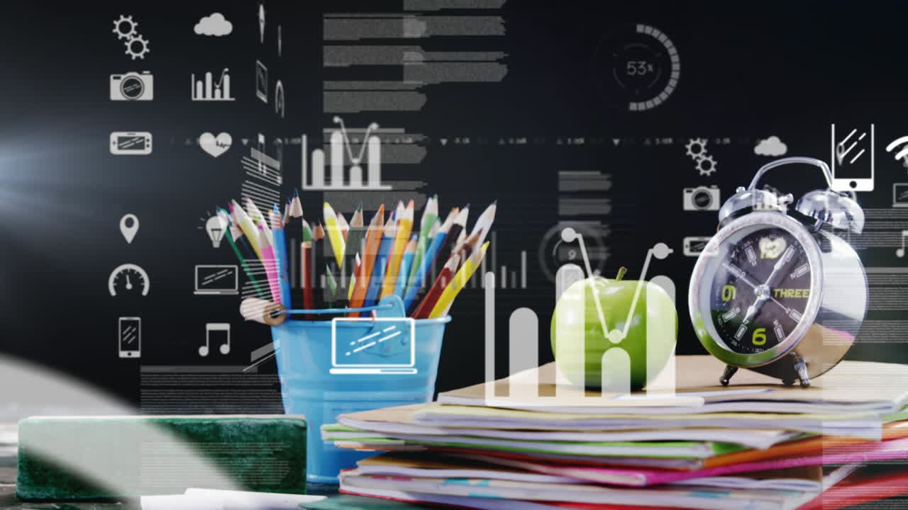 animación de lápices de colores en una taza sobre el procesamiento de datos en el fondo