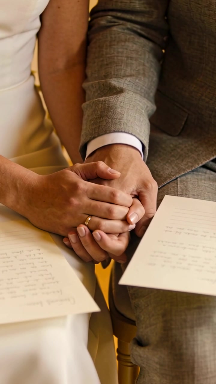 Sposa che porta la mano sinistra per intrecciare quella destra dello sposo durante la cerimonia nuziale, dopo lo scambio delle promesse.
