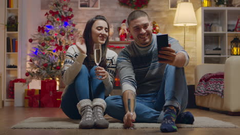 Cheerful-couple-drinking-champagne-while-doing-a-video-call