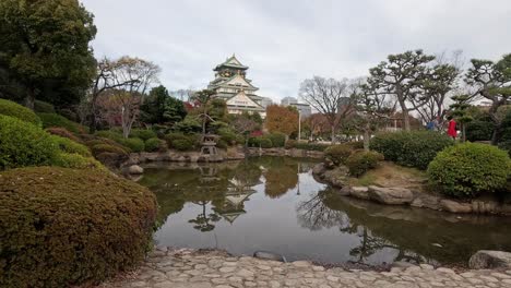 tranquil garden tour with reflective pond and pagoda.