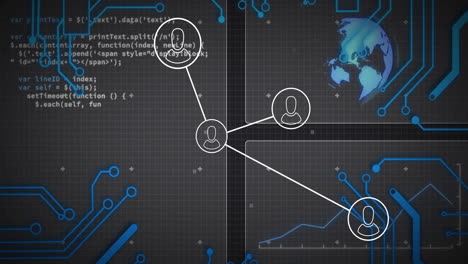 animation of connections with people icons, digital data processing over computer circuit board