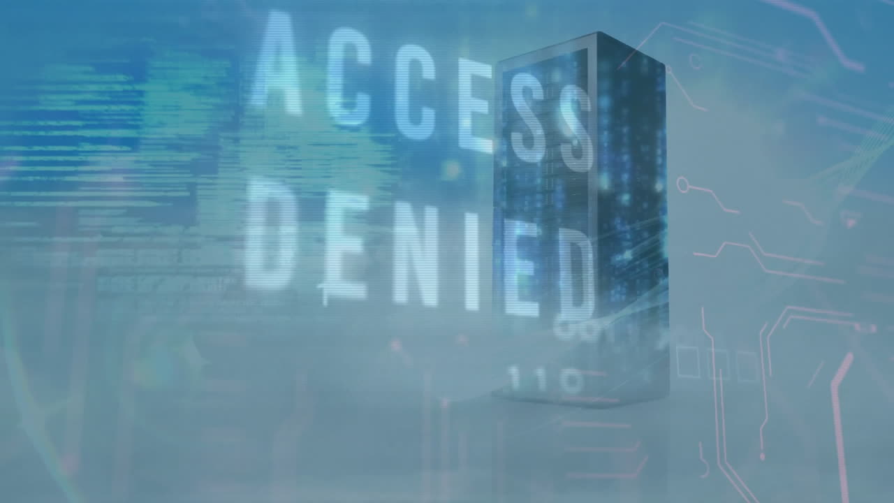 acceso denegado animación de texto sobre datos digitales y fondo de rascacielos
