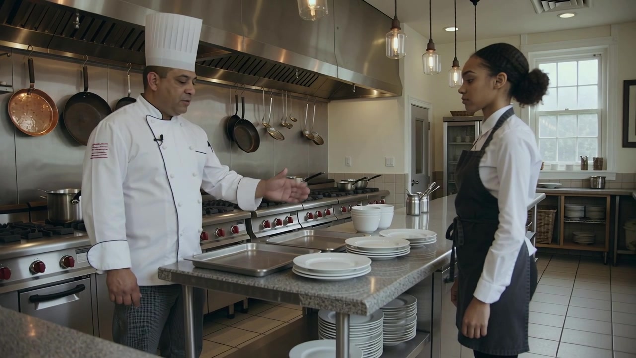 Chef de cozinha falando com dólmã branco e toque, orientando o garçom na ilha de preparo, preparando pratos para o serviço