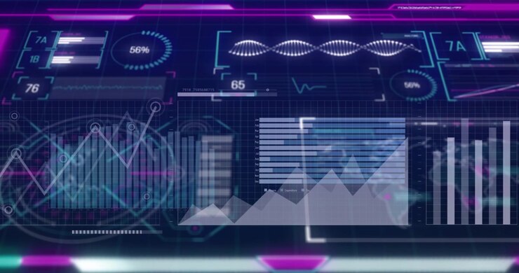 Animation of financial data processing over dark background