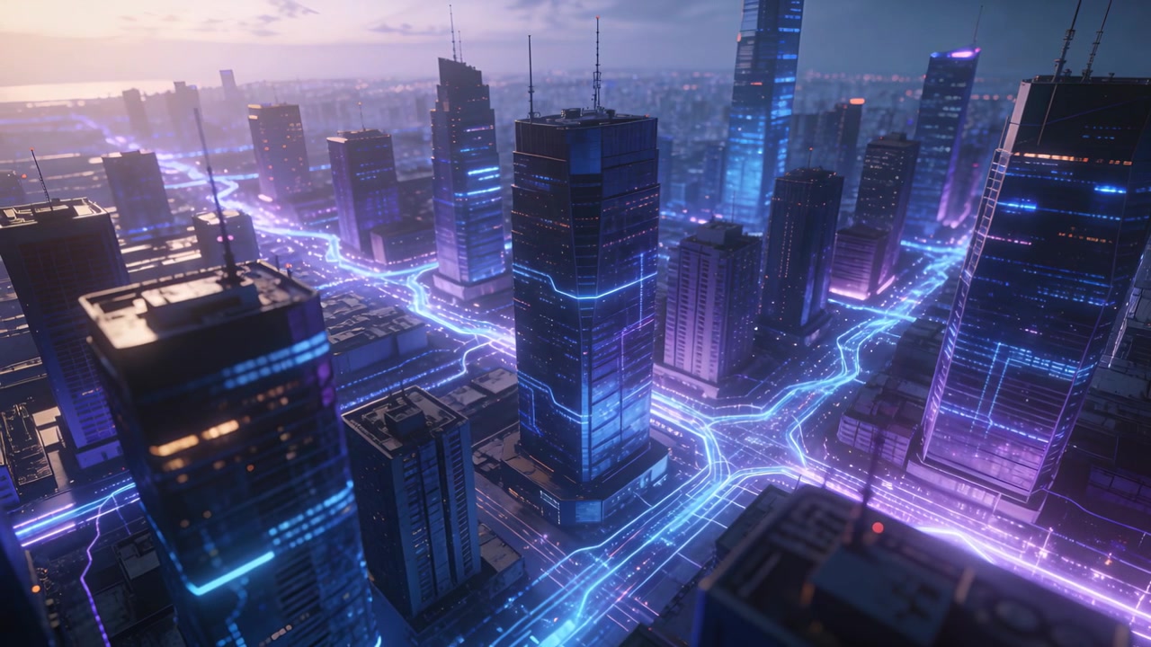 Gliding drone moving forward downward over towers at dusk, neon bands pulsing, showing mid towers
