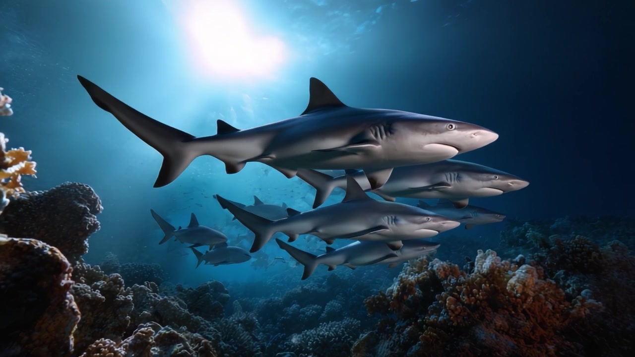 A captivating underwater scene featuring a graceful school of sharks swimming through vibrant coral reefs under a shimmering light beam from the surface.