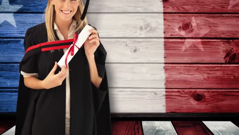 animación de una mujer graduada con un diploma sobre la bandera estadounidense