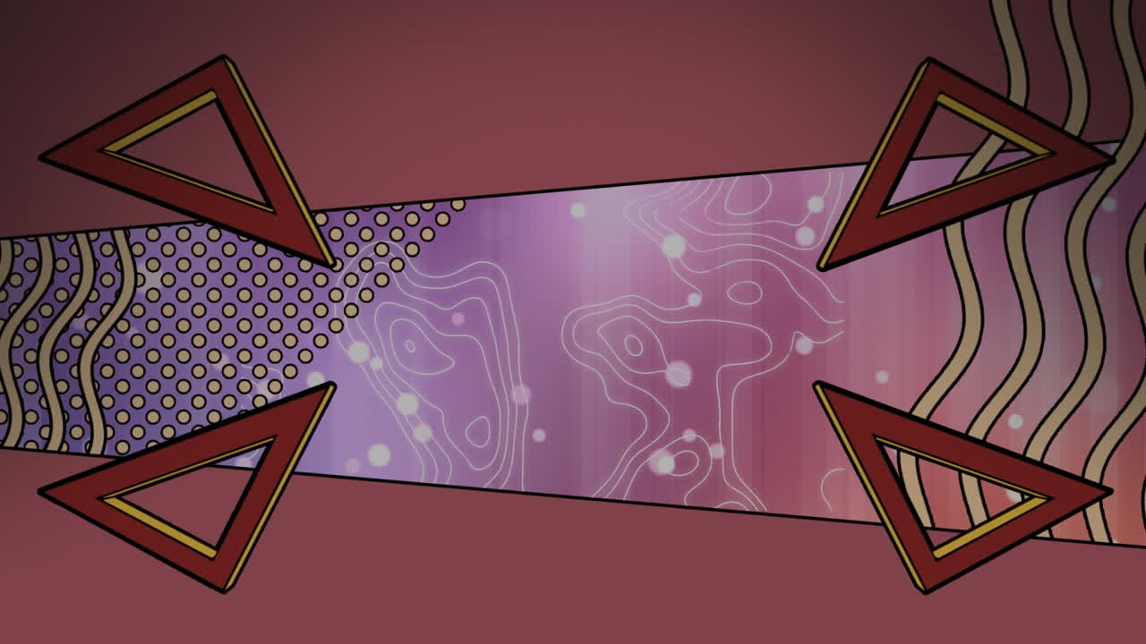 삼각형과 파도 모양의 선의 애니메이션, 핑크색과 보라색 빛  ⁇  위에 윤 ⁇ 선과 반점이 있습니다.