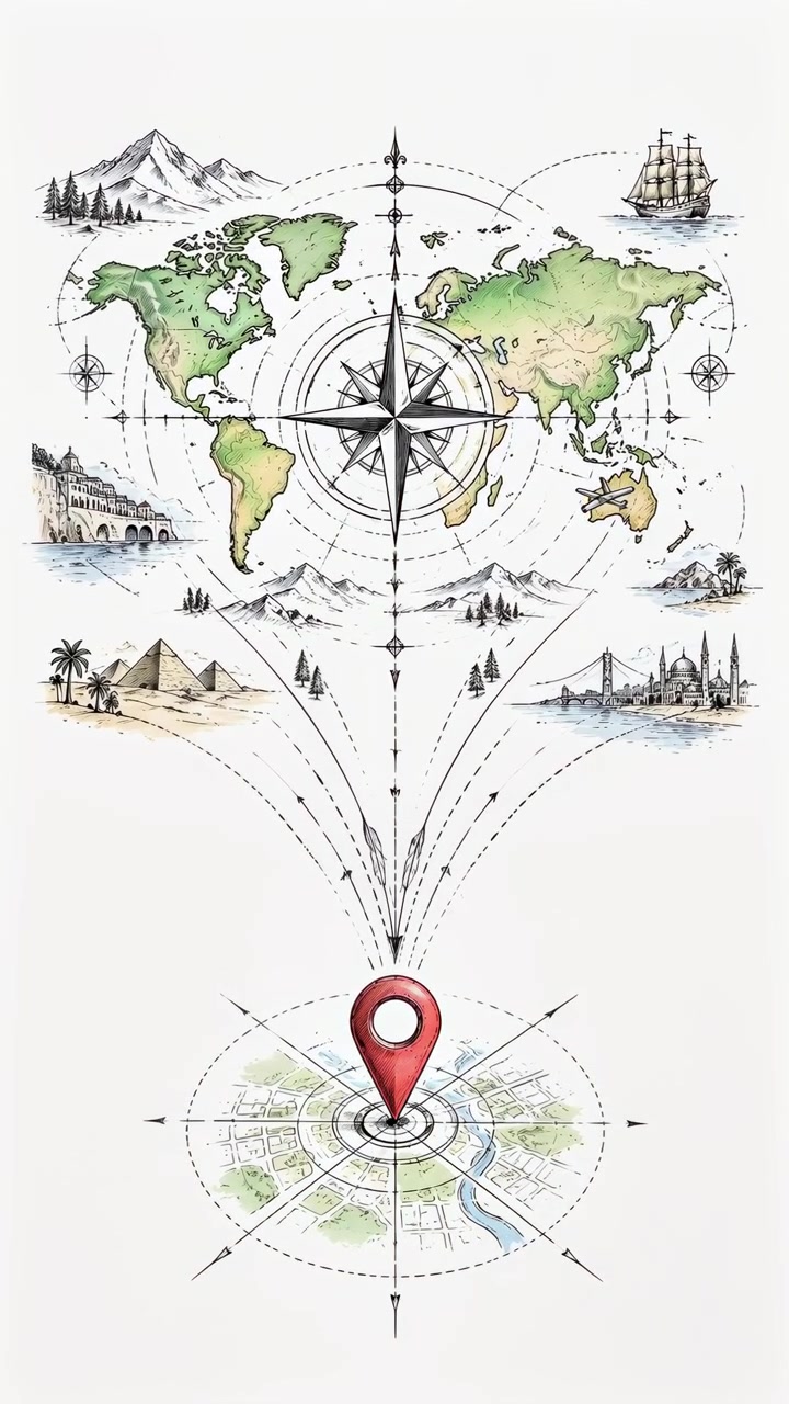 Vertical travel map graphic shows airplane shifting along curved dotted routes beneath continents while red destination marker stays fixed, with compass, mountains, ship, pyramids and landmarks.