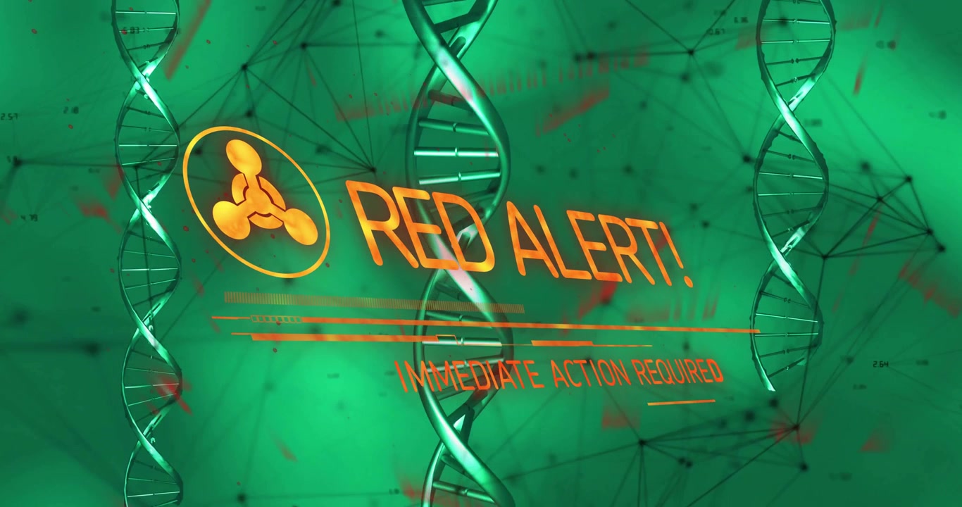 Helix rotating orange biohazard icon fading in triggers text animating RED ALERT demanding action