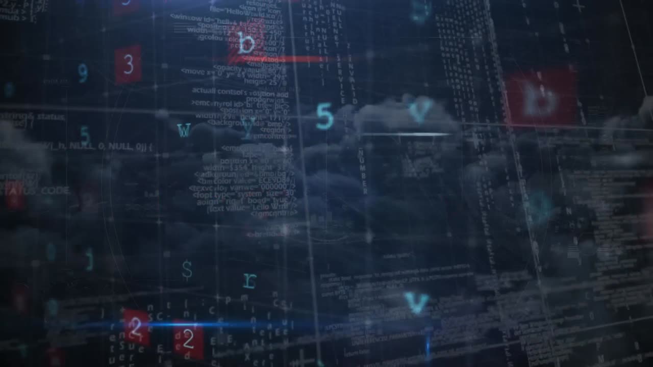 Animation of cyber attack warning over data processing on sky with clouds
