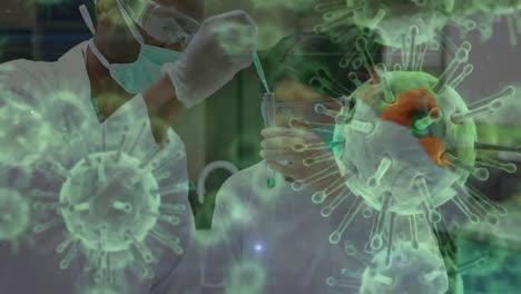 animación del virus de la corona verde con científicos en el fondo