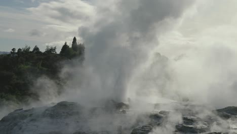 rotorua geothermal geyser erupting, new zealand, slow motion wide shot